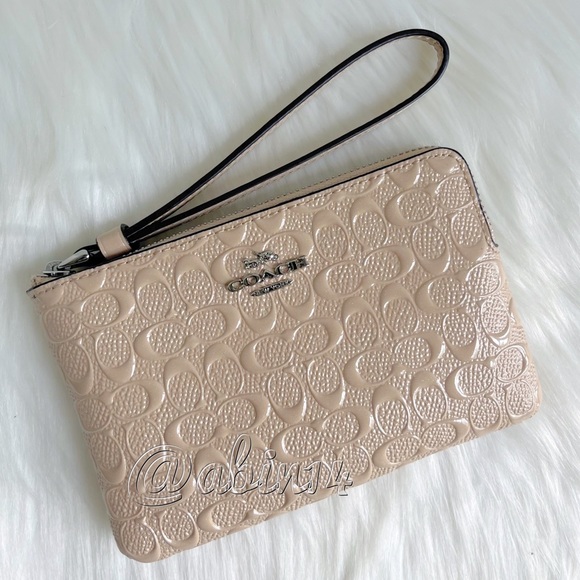 Coach Signature Embossed Patent Leather Corner Zip Wristlet Clutch - Picture 2 of 5